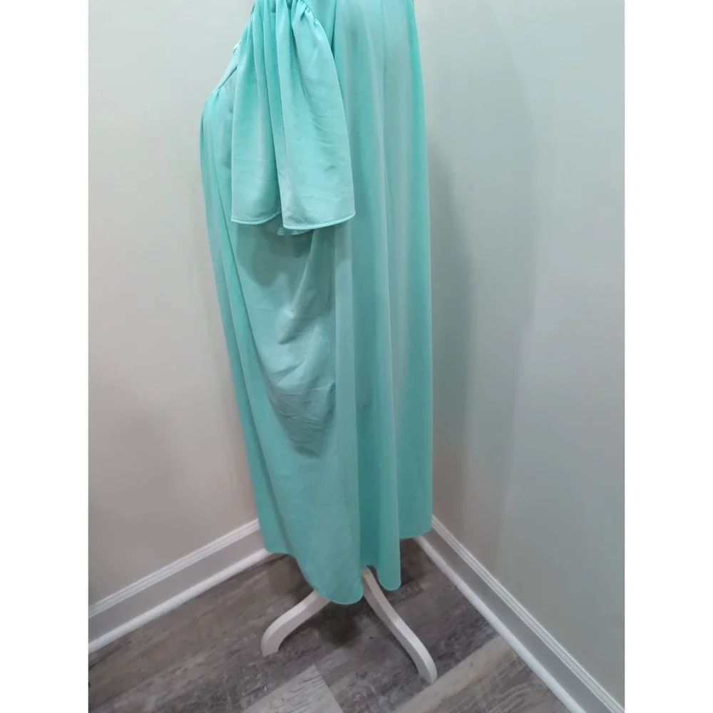 Miss Elaine Aqua Blue Nylon Nightgown Embroidered Floral Flutter Sleeves XL